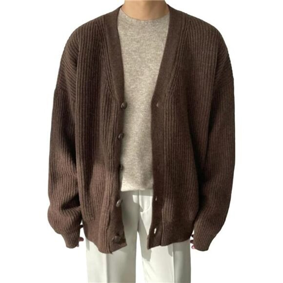 Men's Casual Long Sleeve Button Front Sweater Brown - Picture 1 of 7